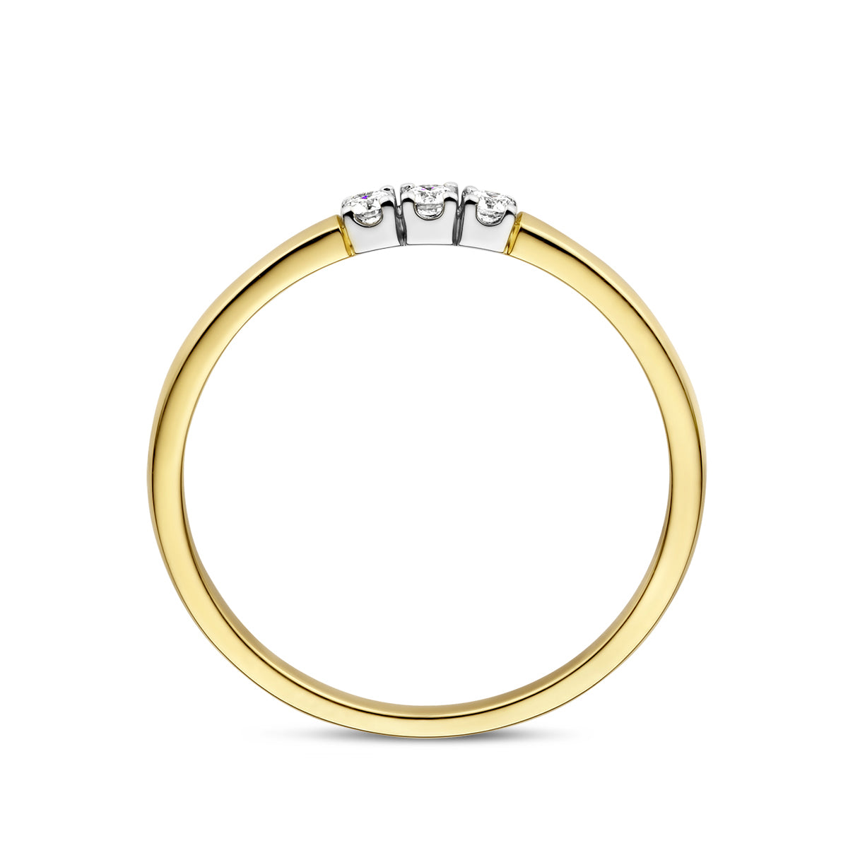 Zijaanzicht van de bicolor gouden memoire ring met diamant van 14 karaat, 0,09 ct.
