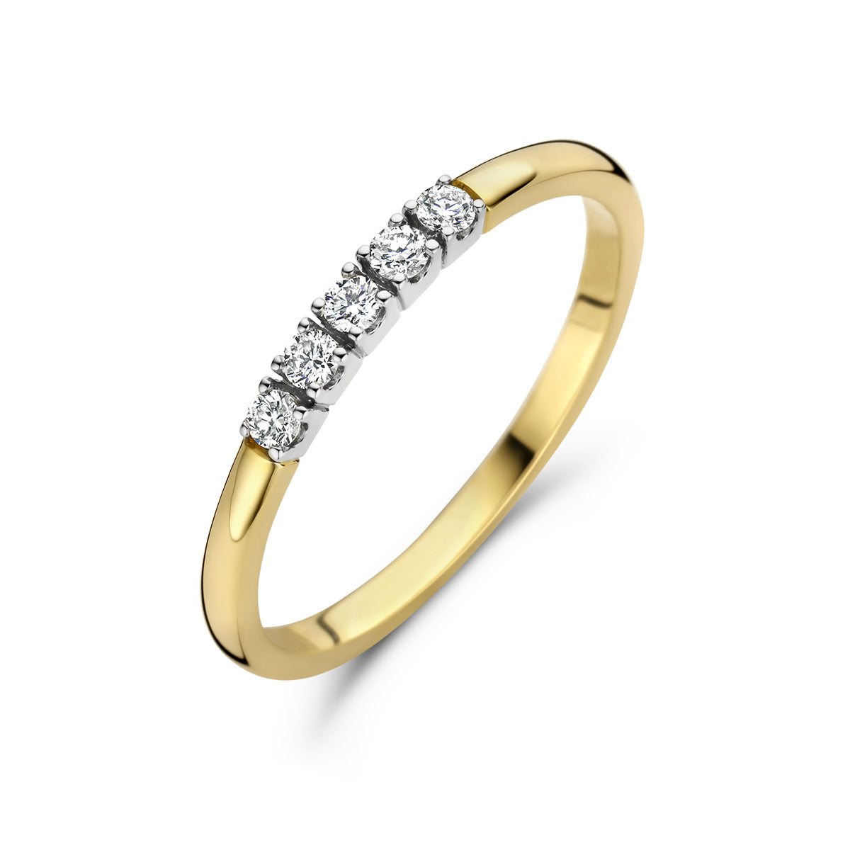 Schuin bovenaanzicht van de bicolor gouden memoire ring met diamant van 14 karaat.