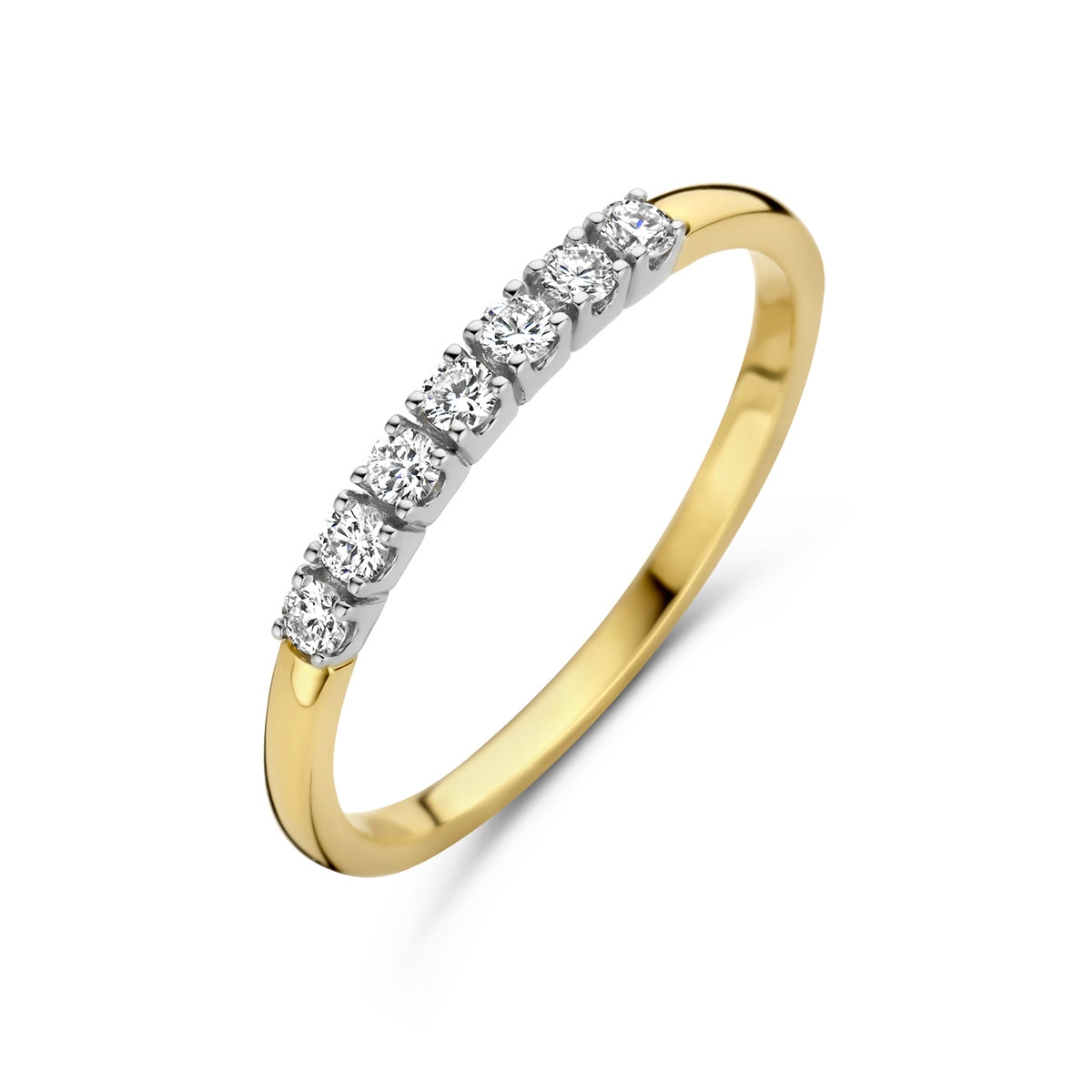 Schuin bovenaanzicht van de bicolor gouden memoire ring met diamant van 14 karaat.