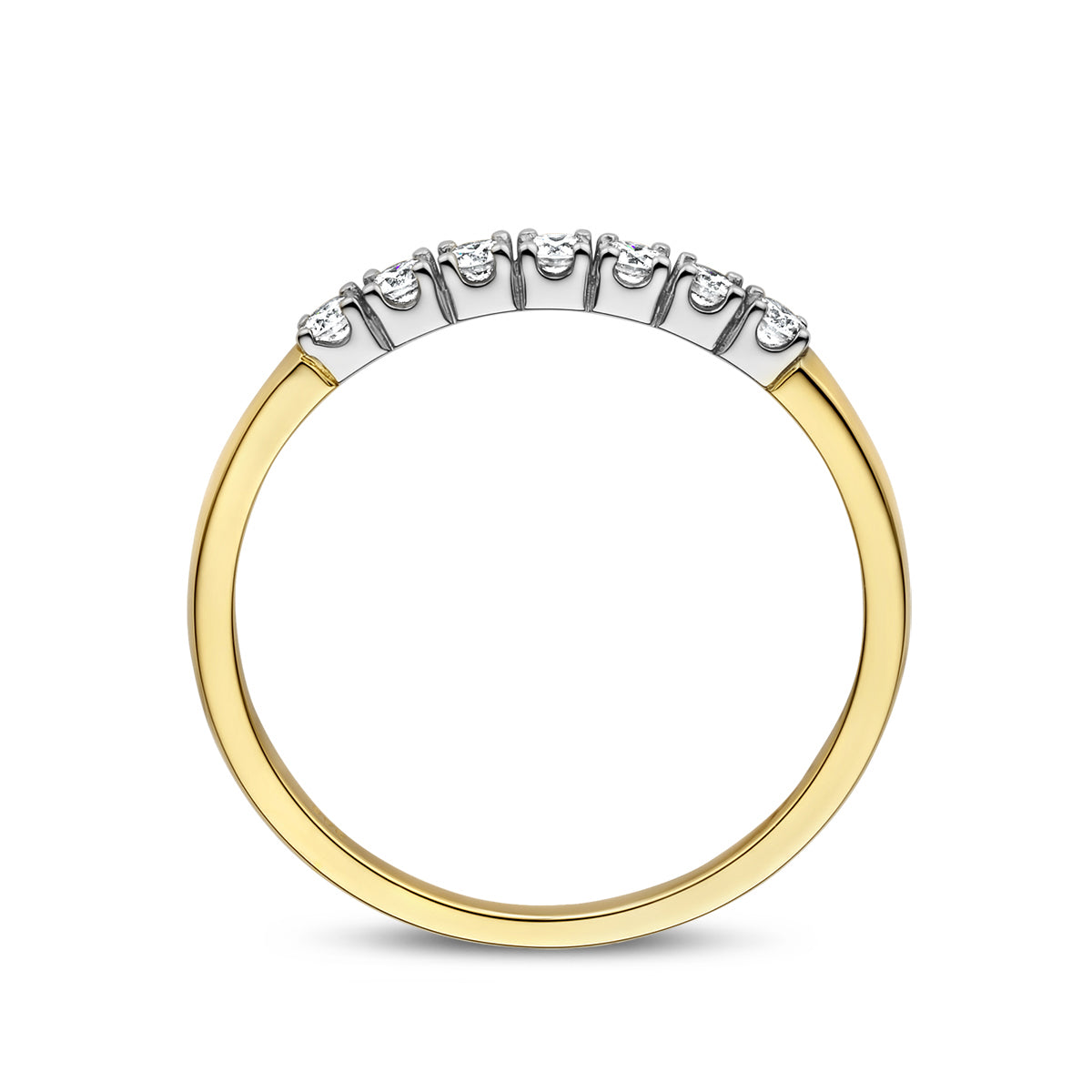 Zijaanzicht van de bicolor gouden memoire ring met diamant van 14 karaat, 0,21 ct.