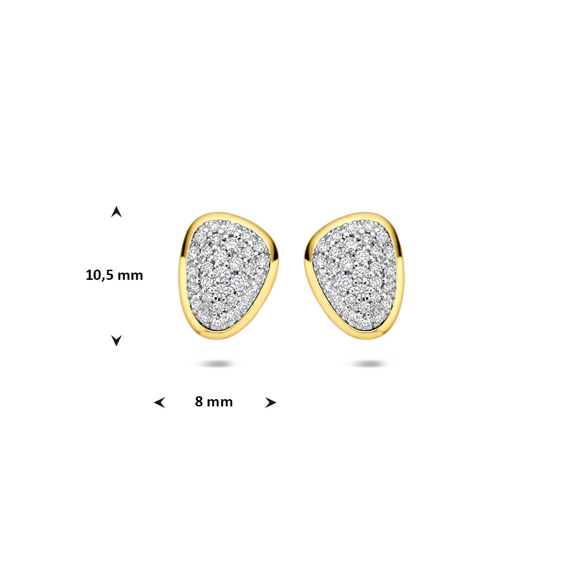 Afmetingen van de bicolor gouden oorknopjes met diamant van 14 karaat: 10,5 mm hoog en 8 mm breed.
