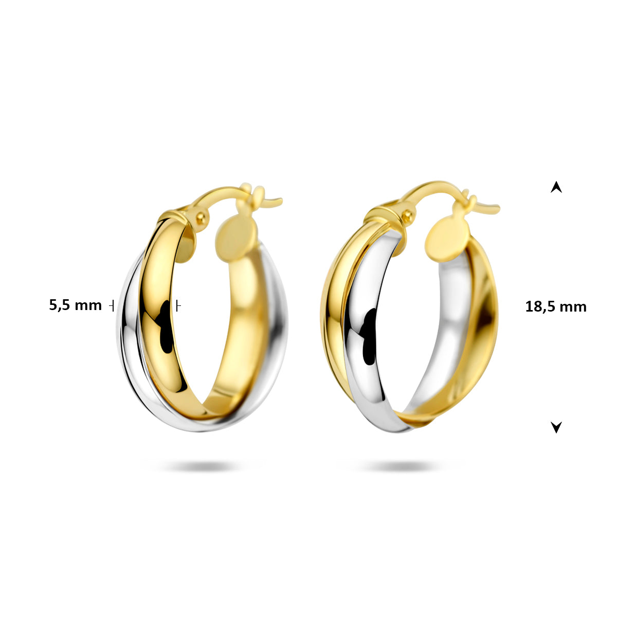 Technische afbeelding van de 14 karaat bicolor gouden oorringen met afmetingen, 18,5 mm hoog en 16,5 mm breed.