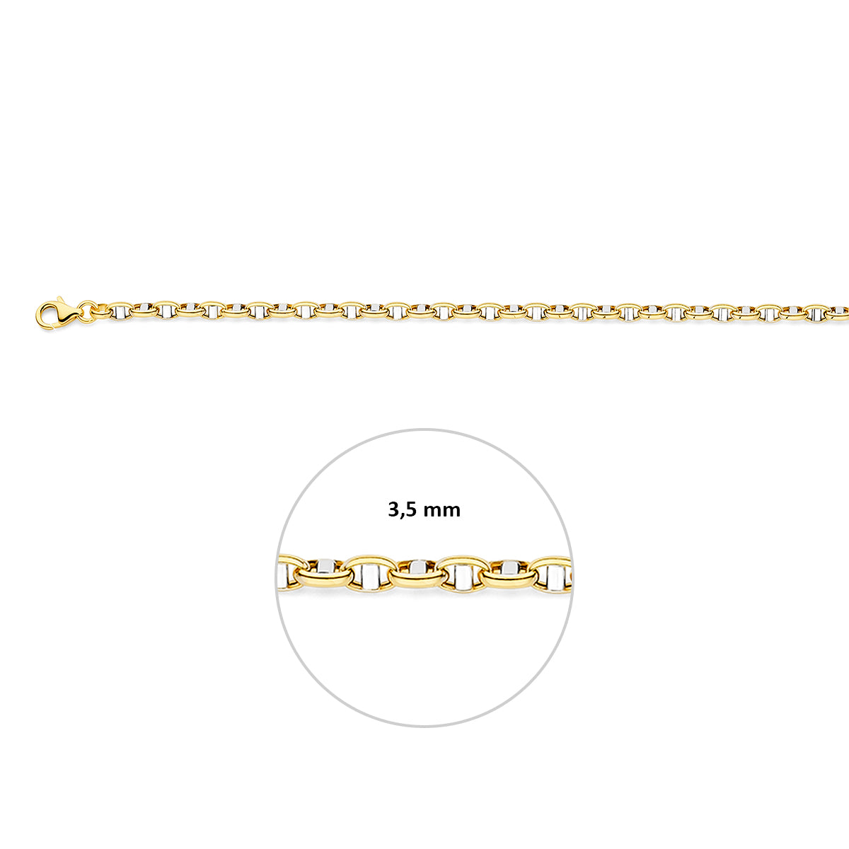 Bicolor ketting: 14 karaat bicolor gouden ovale jasseron halsketting met balkje, met de schakelbreedte van 3,5 mm aangegeven