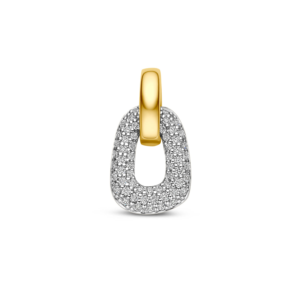 Vooraanzicht van de bicolor gouden hanger met diamant van 14 karaat.