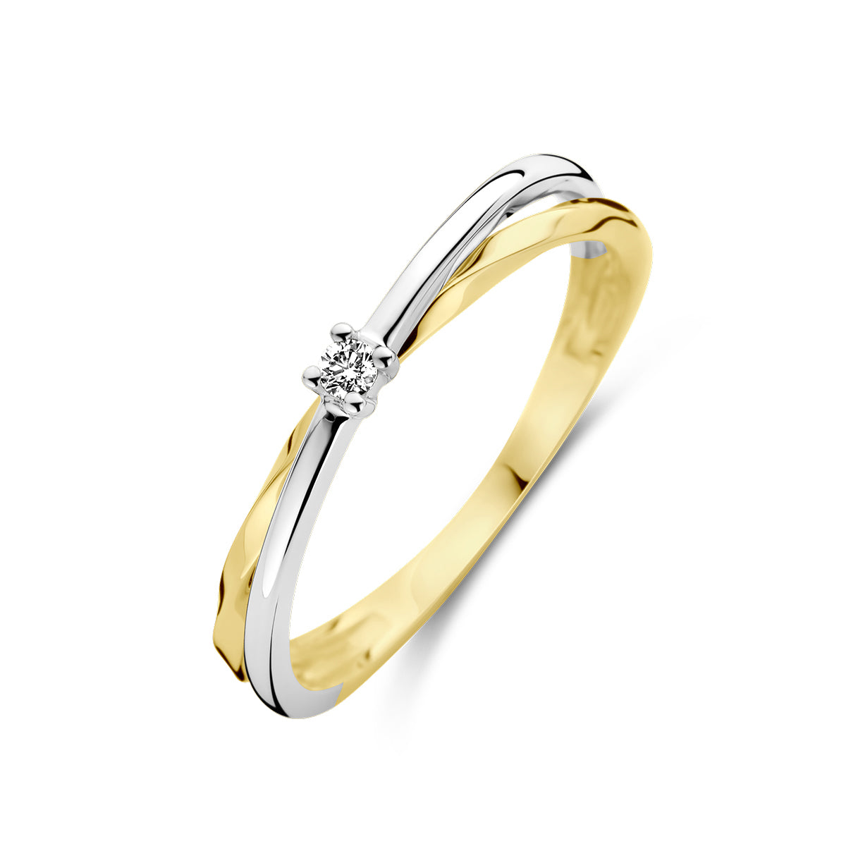 Schuin bovenaanzicht van de bicolor gouden ring met diamant van 14 karaat.