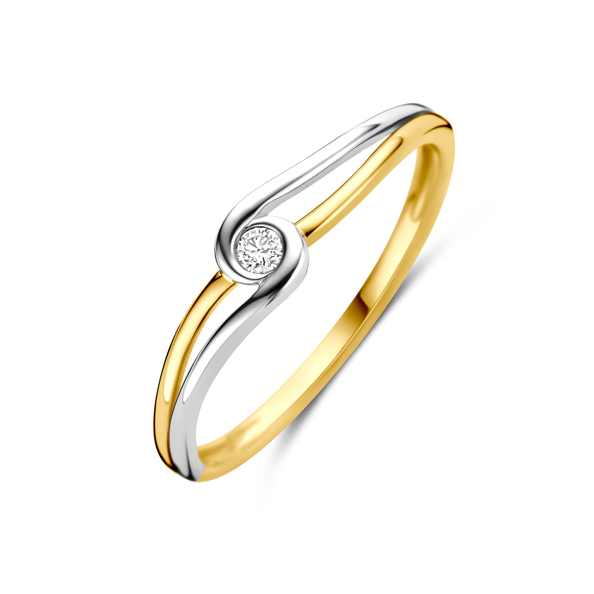 Schuin bovenaanzicht van de bicolor gouden ring met diamant van 14 karaat.