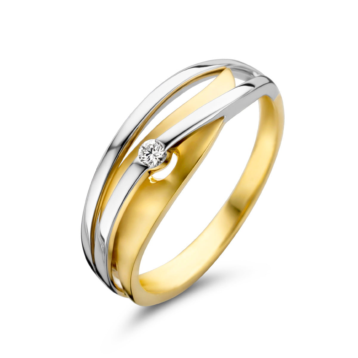 Schuin bovenaanzicht van de bicolor gouden ring met diamant van 14 karaat.