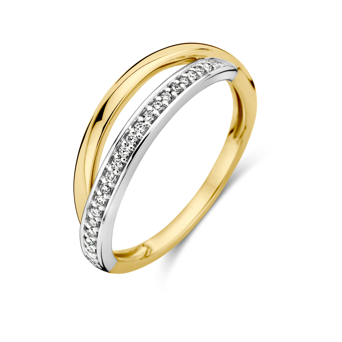 Schuin bovenaanzicht van de bicolor gouden ring met diamant van 14 karaat.