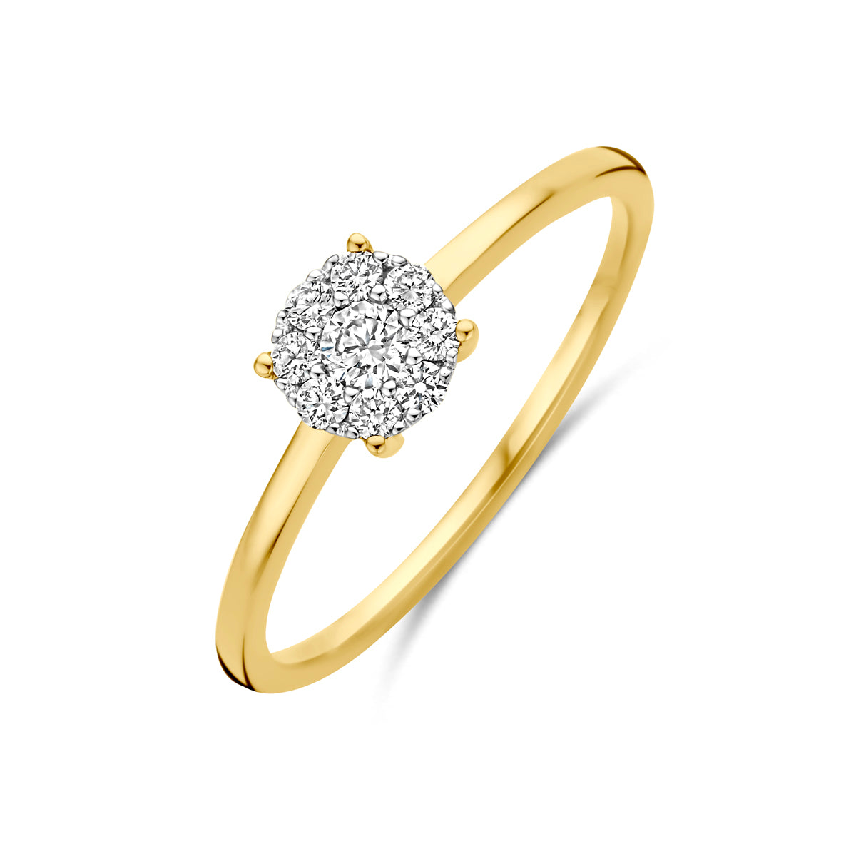 Schuin bovenaanzicht van de bicolor gouden ring met diamant van 14 karaat.
