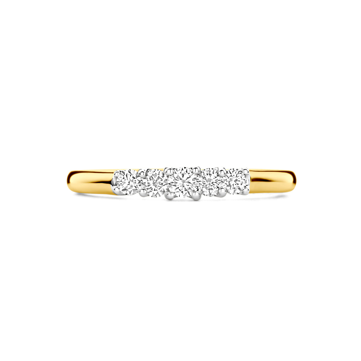 Bovenaanzicht van de bicolor gouden ring met diamant van 14 karaat.