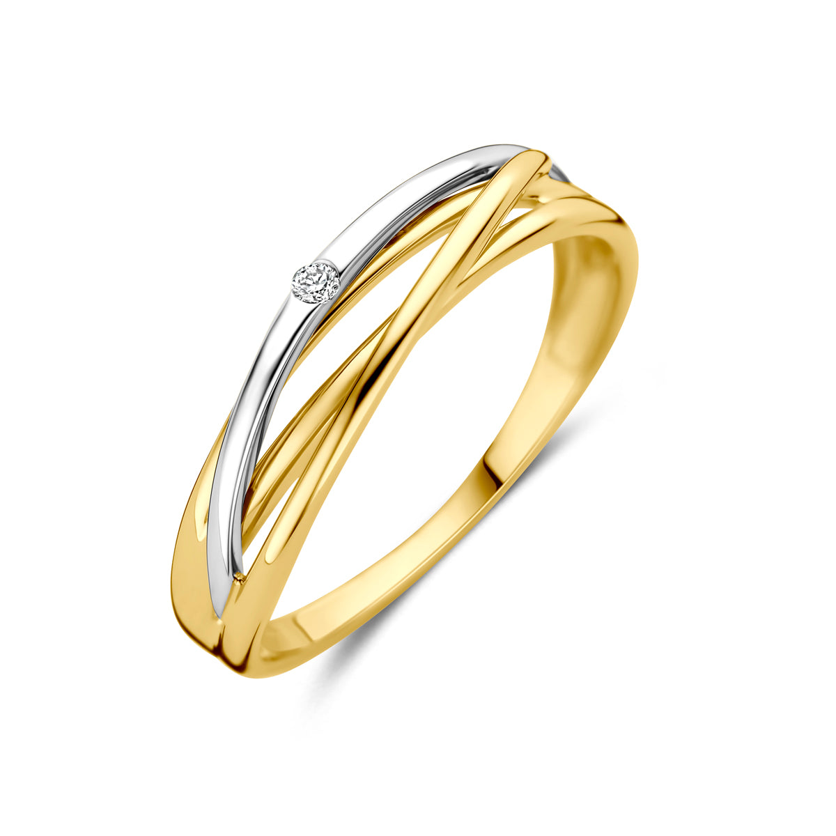 Schuin bovenaanzicht van de 14 karaat bicolor ring met diamant van 0,02 ct: in elkaar overlopende banden van geel- en witgoud.