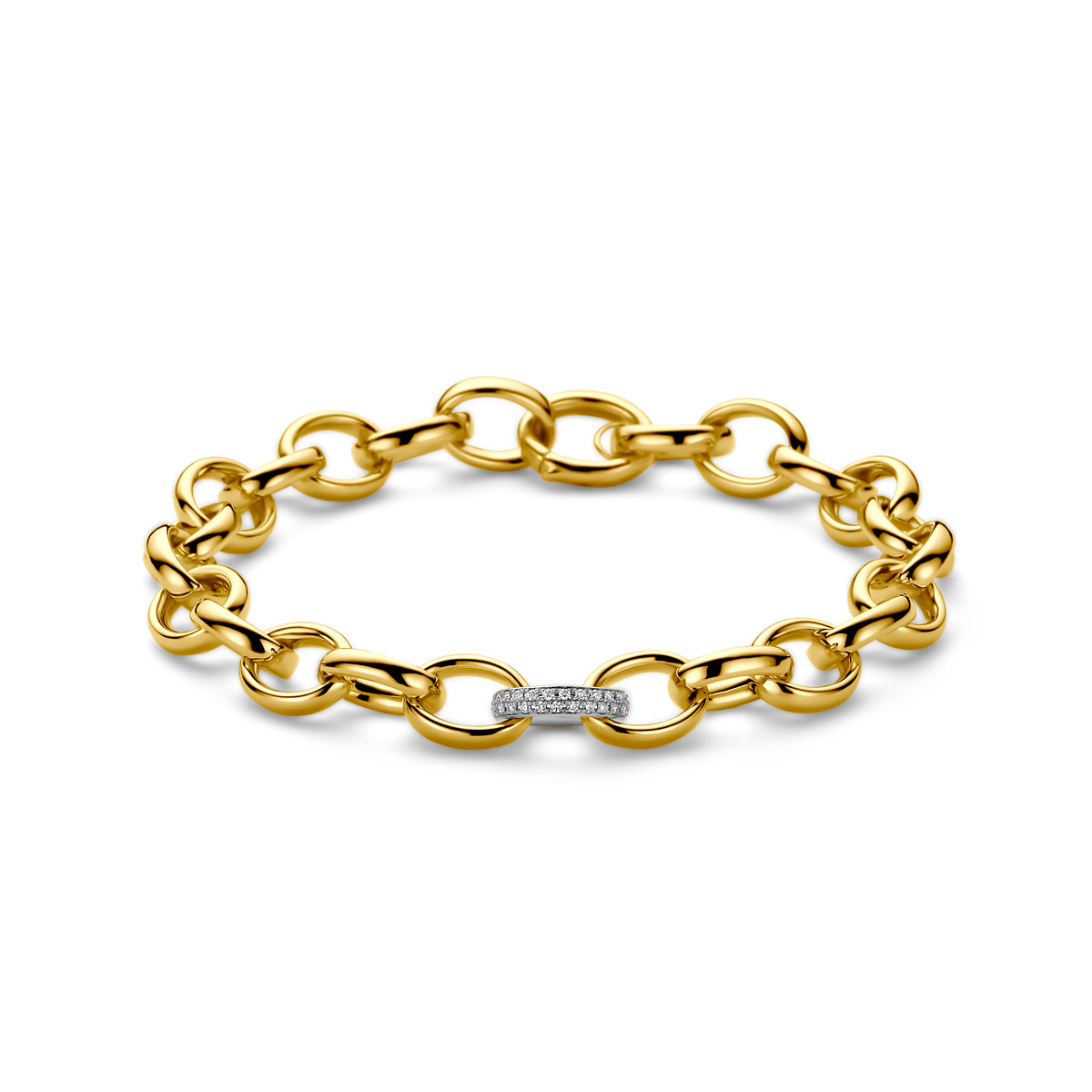 Vooraanzicht van de bicolor gouden schakelarmband met diamant van 14 karaat.
