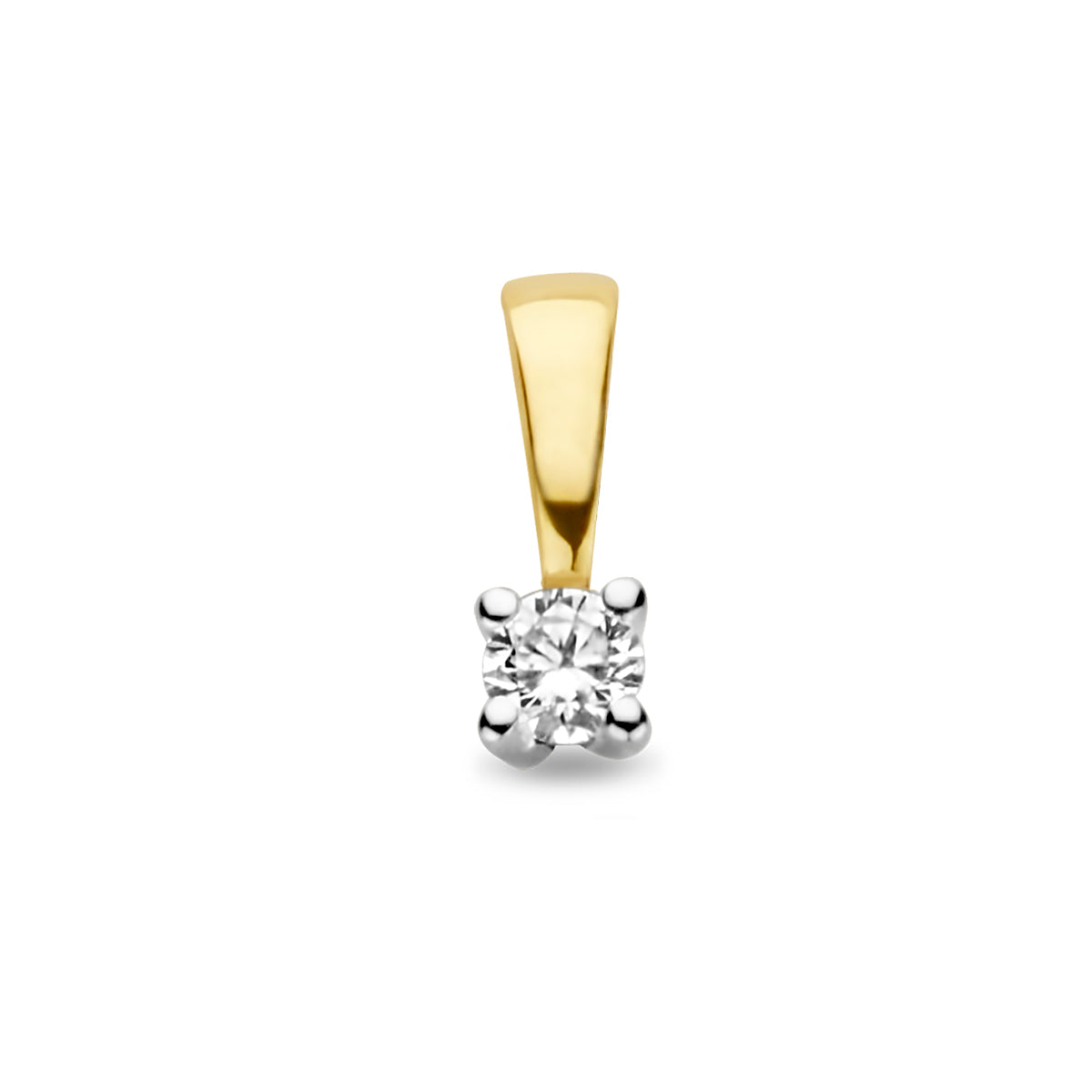 Vooraanzicht van de bicolor gouden solitair hanger met diamant van 14 karaat van 2,5 mm.
