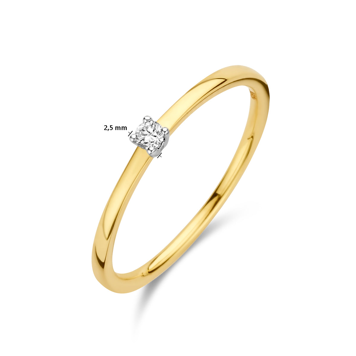 Afmetingen van de bicolor gouden solitair ring met diamant van 14 karaat: 2,5 mm breed, 0,05 ct.