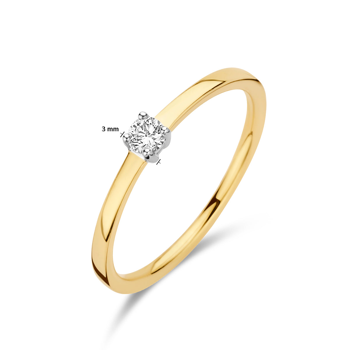 Afmetingen van de bicolor gouden solitair ring met diamant van 14 karaat: 3 mm breed, 0,10 ct.