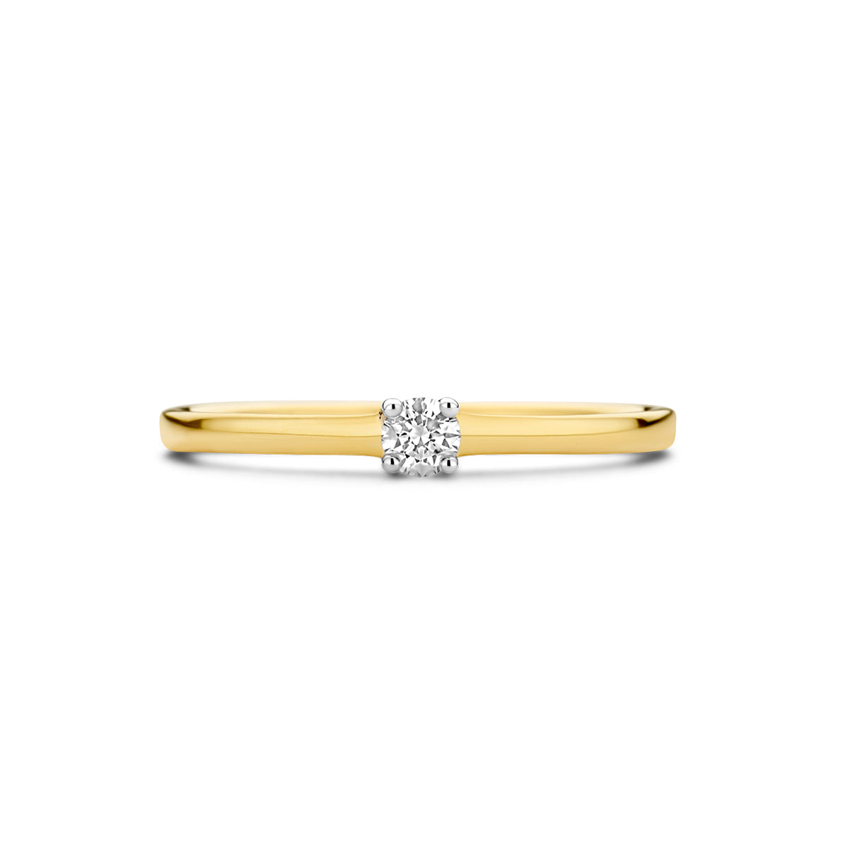 Bovenaanzicht van de bicolor gouden solitair ring met diamant van 14 karaat, 0,10 ct.