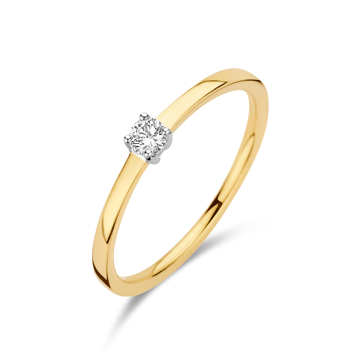 Schuin bovenaanzicht van de bicolor gouden solitair ring met diamant van 14 karaat.