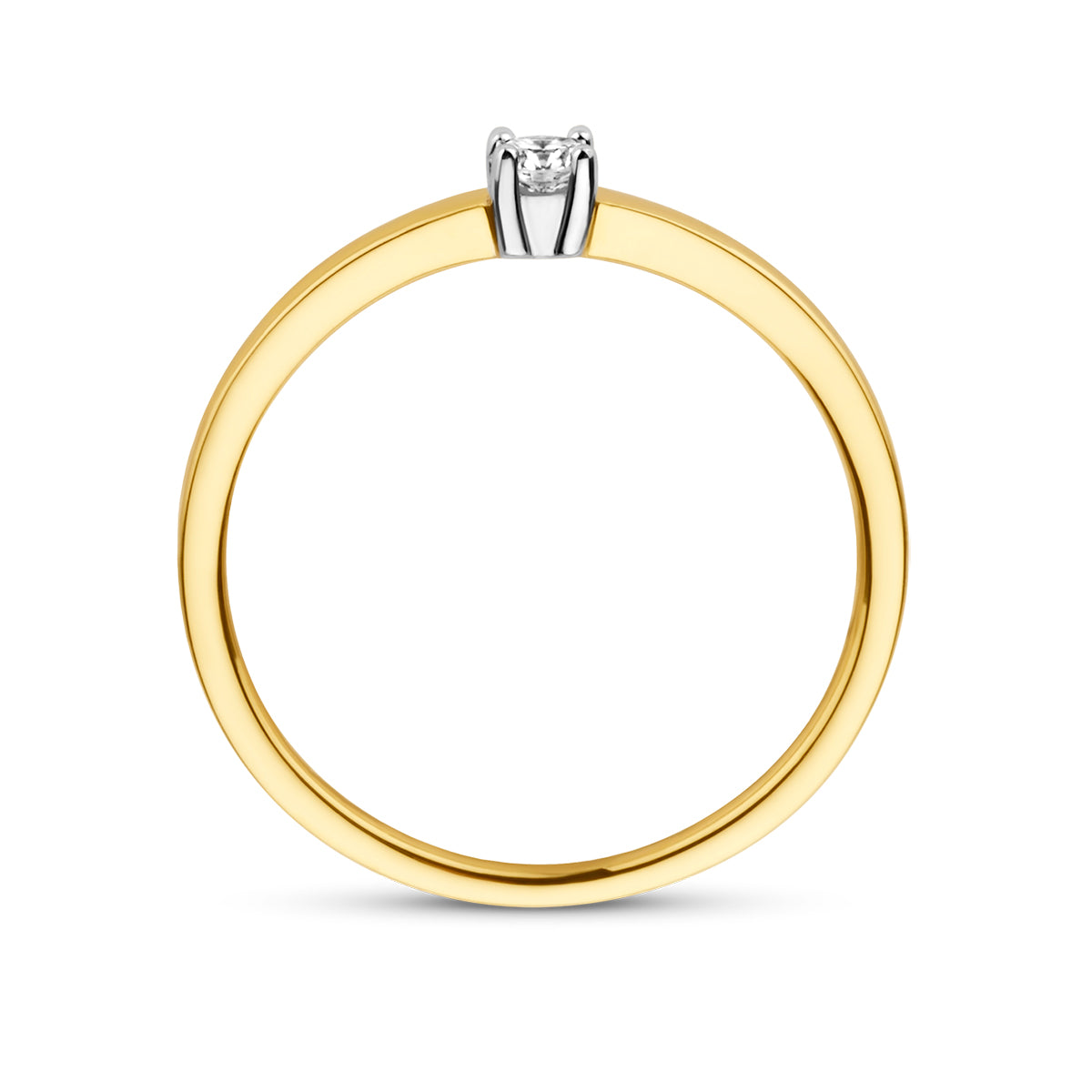 Zijaanzicht van de bicolor gouden solitair ring met diamant van 14 karaat, 0,10 ct.