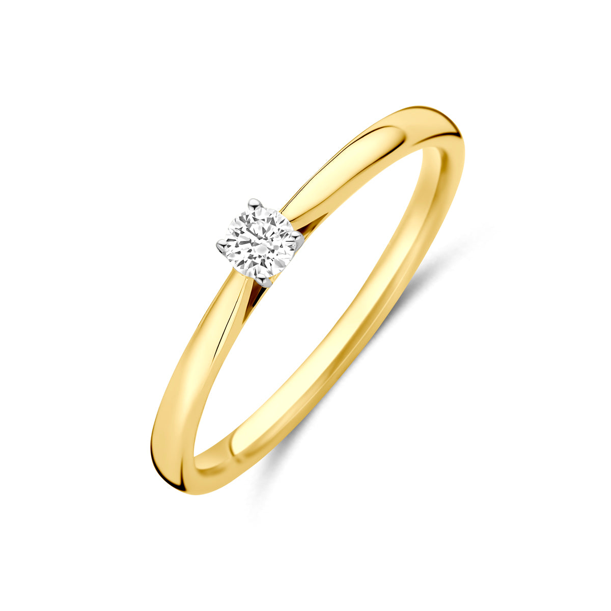 Schuin bovenaanzicht van de bicolor gouden ring met lab grown diamant van 14 karaat.