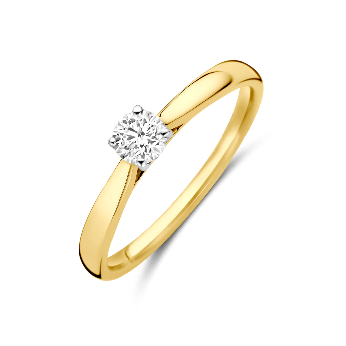 Schuin bovenaanzicht van de bicolor gouden ring met lab grown diamant van 14 karaat.
