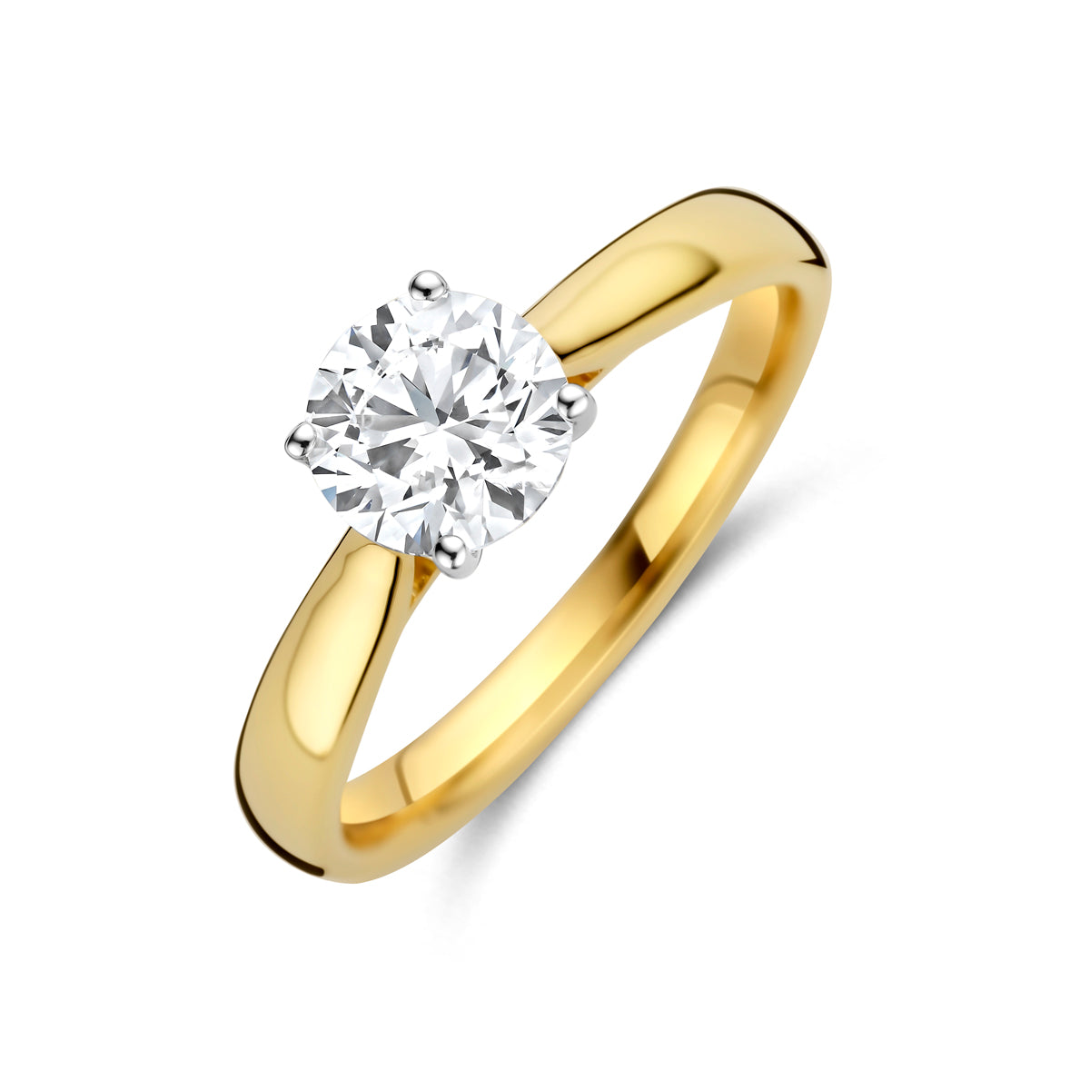 Schuin bovenaanzicht van de bicolor gouden solitair ring met lab grown diamant van 14 karaat.