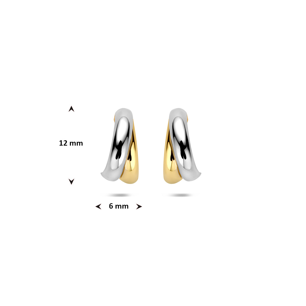 Afmetingen van de bicolor gouden stekeroorringen van 14 karaat: 12 mm hoog en 6 mm breed.