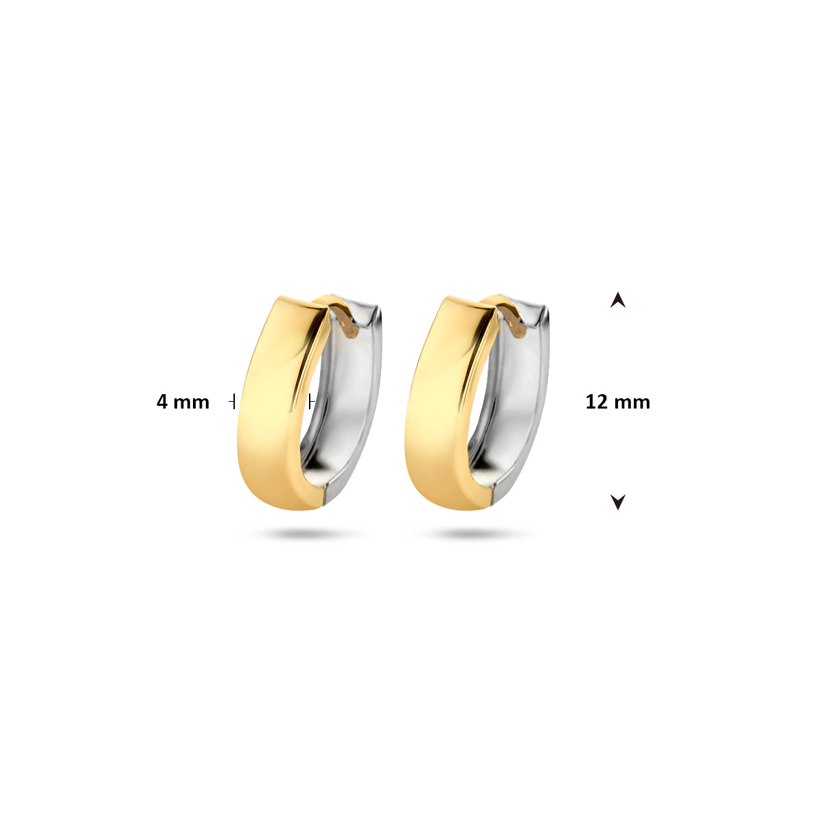 Afmetingen van de bicolor gouden vlakke klapoorringen van 14 karaat: 12 mm hoog en 4 mm breed.