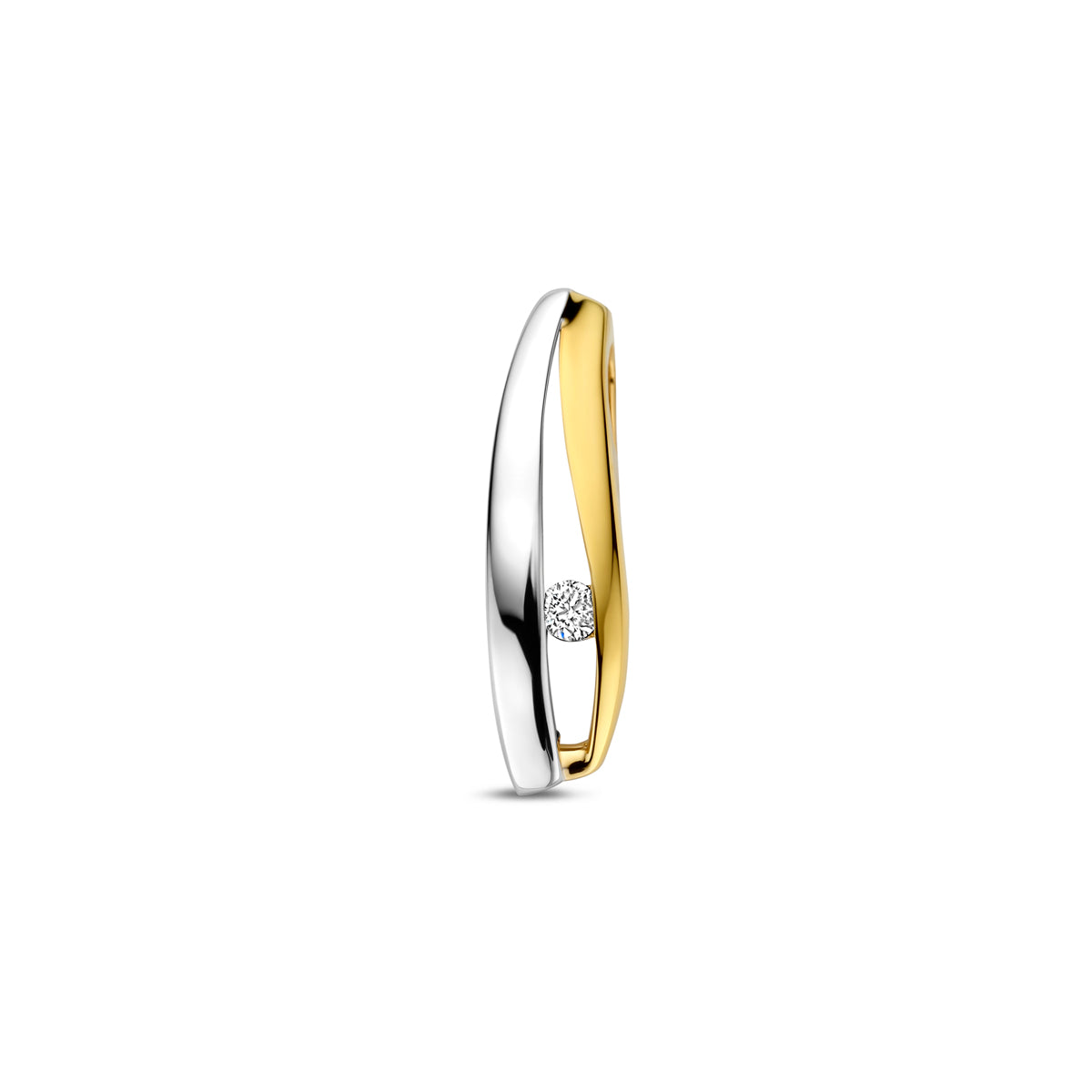 Vooraanzicht van de 14 karaat bicolor hanger lab grown diamant 0,04 ct, 18 mm hoog en 5 mm breed.