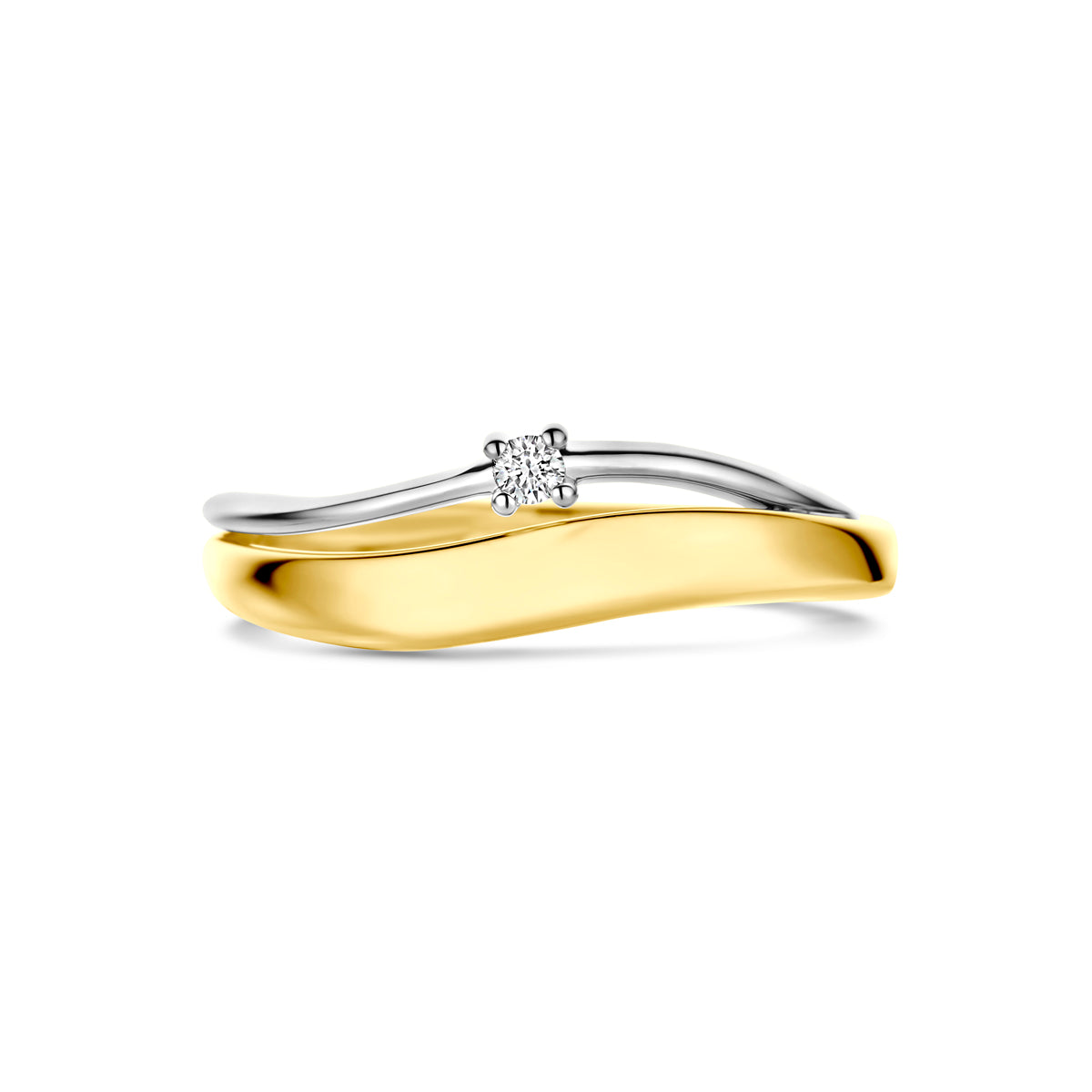Bovenaanzicht van de 14 karaat bicolor gouden ring met diamant 0,03 ct