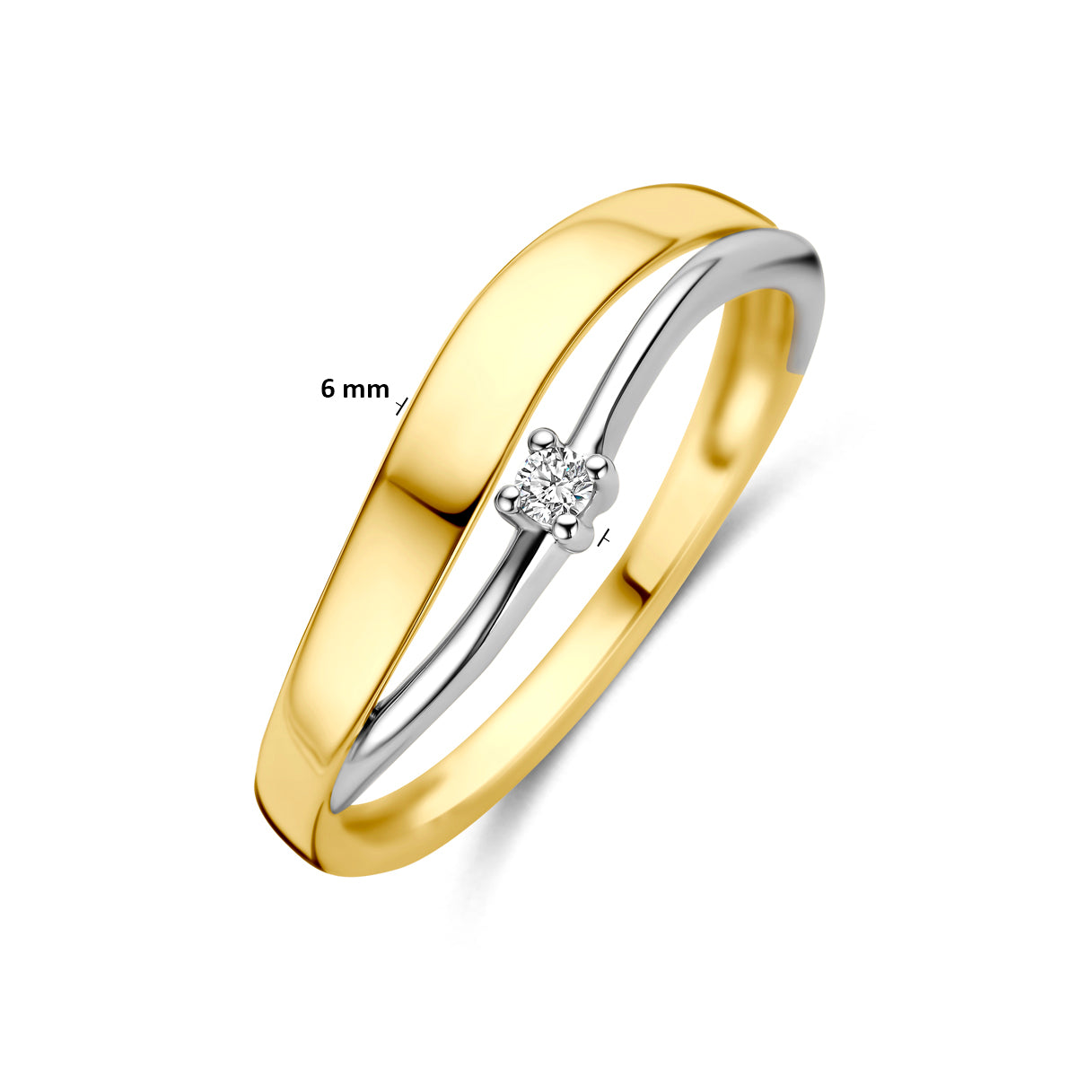 Afmetingen van de 14 karaat bicolor gouden ring met diamant 0,03 ct: 6 mm breed