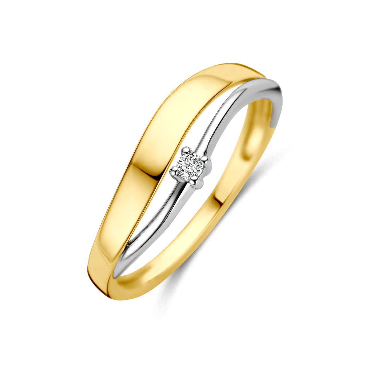 Schuin bovenaanzicht van de 14 karaat bicolor gouden ring met diamant 0,03 ct