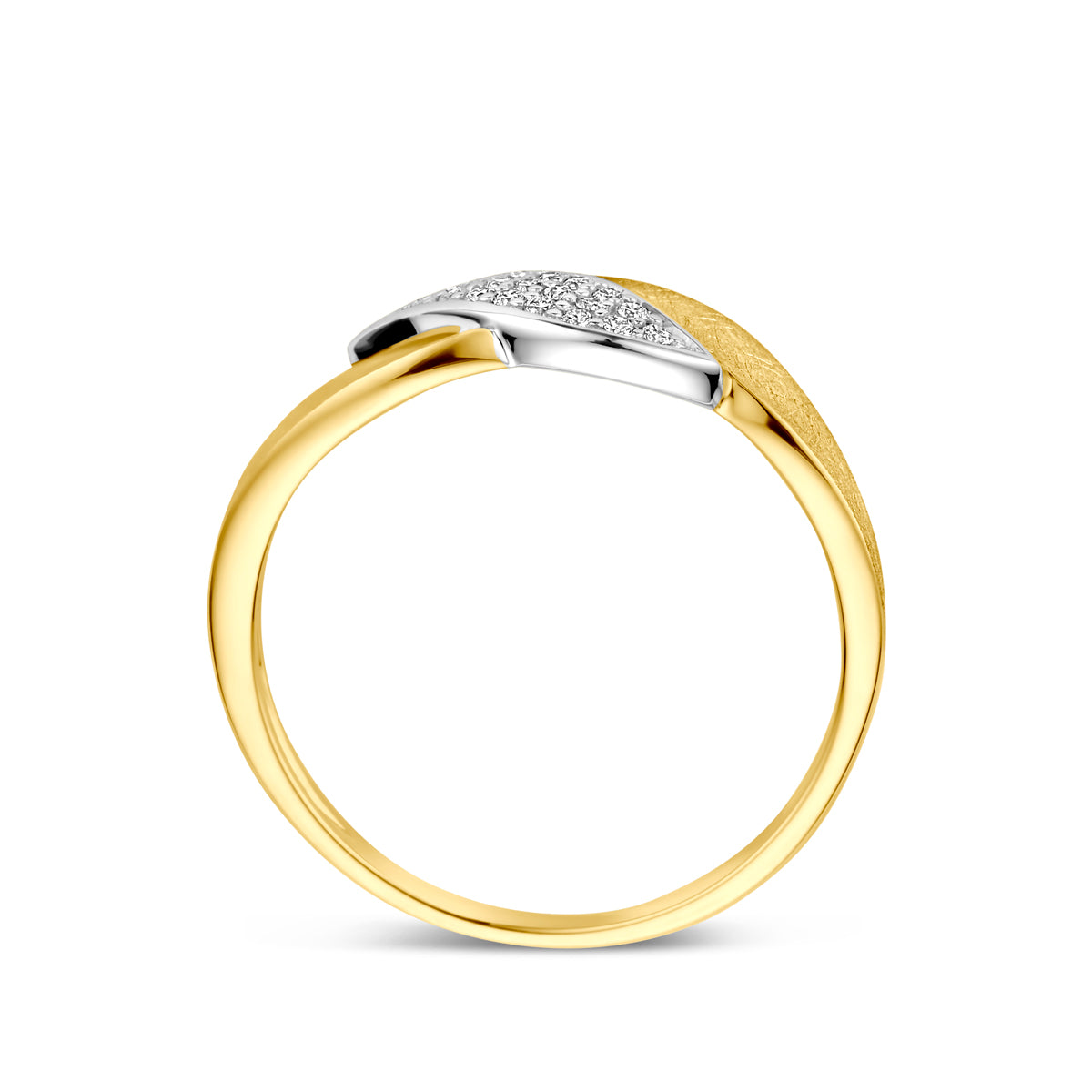 Zijaanzicht van de bicolor ring met diamant van 14 karaat goud