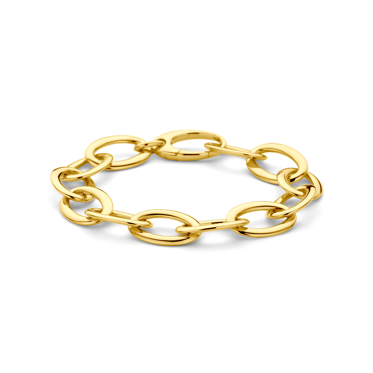 Vooraanzicht van de 14 karaat gouden brede schakelarmband