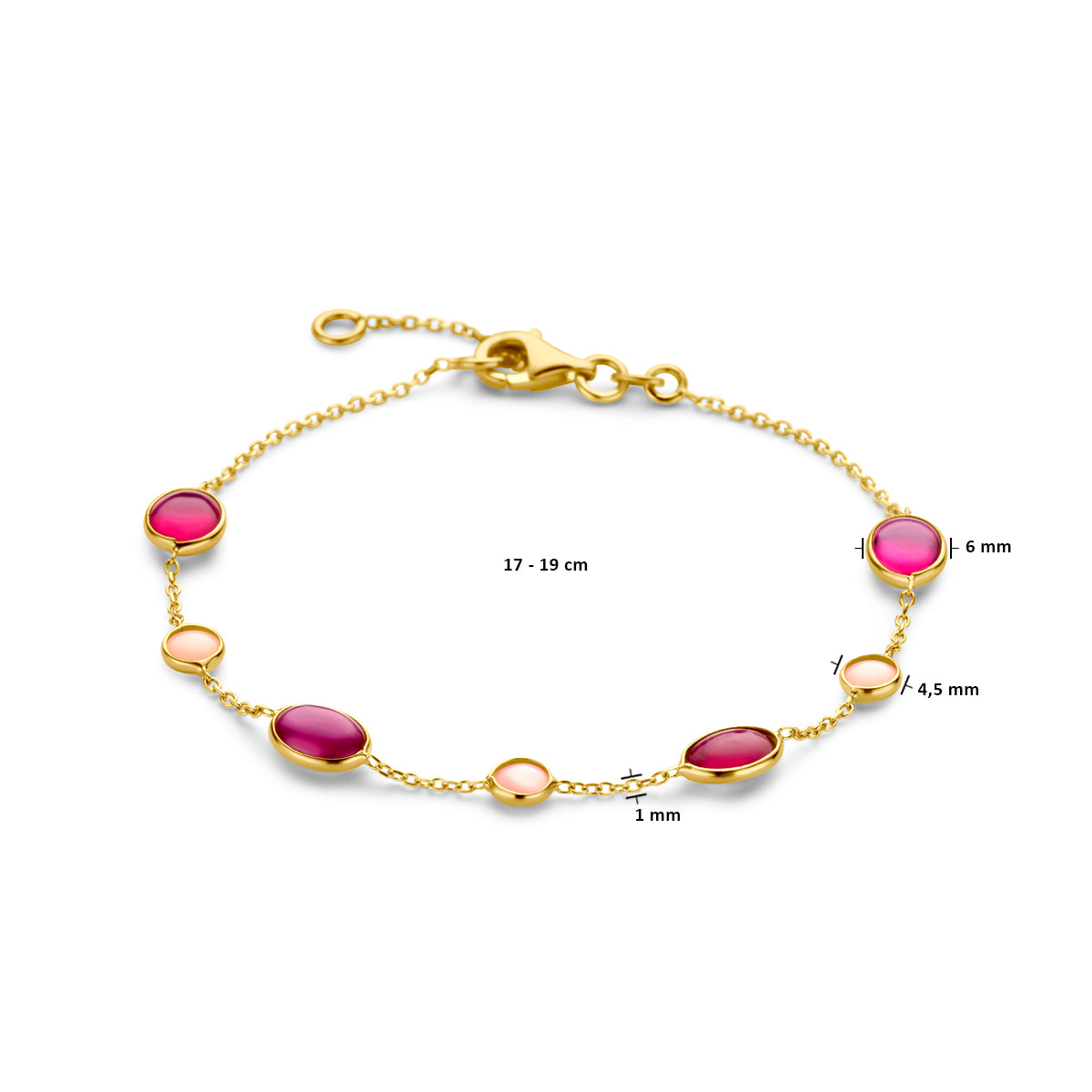 Afmetingen van de 14 karaat gouden armband met roze opaal en robijn: 17 of 19 cm lang, schakel 1 mm
