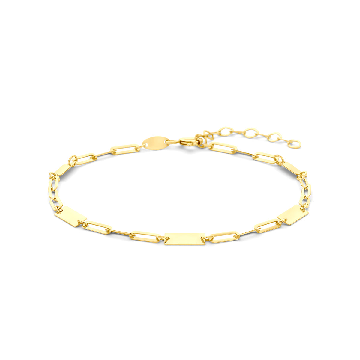Vooraanzicht van de 14 karaat gouden armband met plaatjes