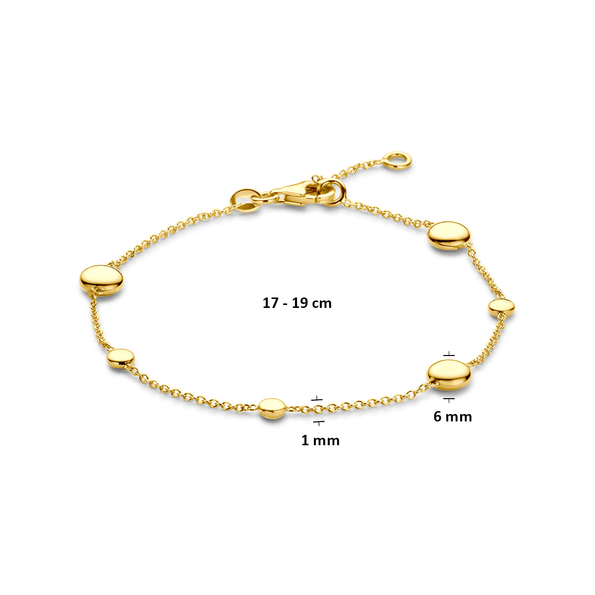 Afmetingen van de 14 karaat gouden schakelarmband: 17 of 19 cm lang, schakel 1 mm