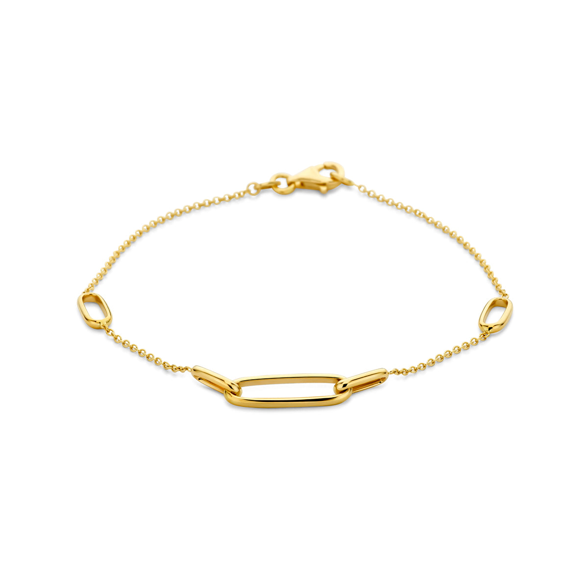 Vooraanzicht van de 14 karaat gouden schakelarmband