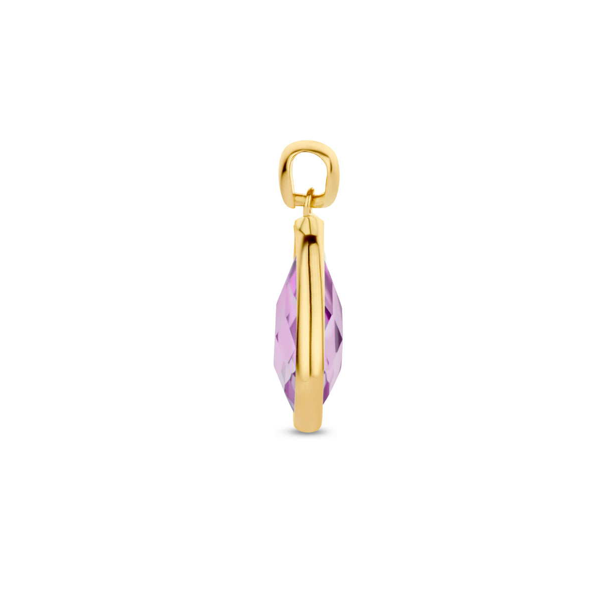 Zijaanzicht van de 14 karaat gouden hanger met amethist