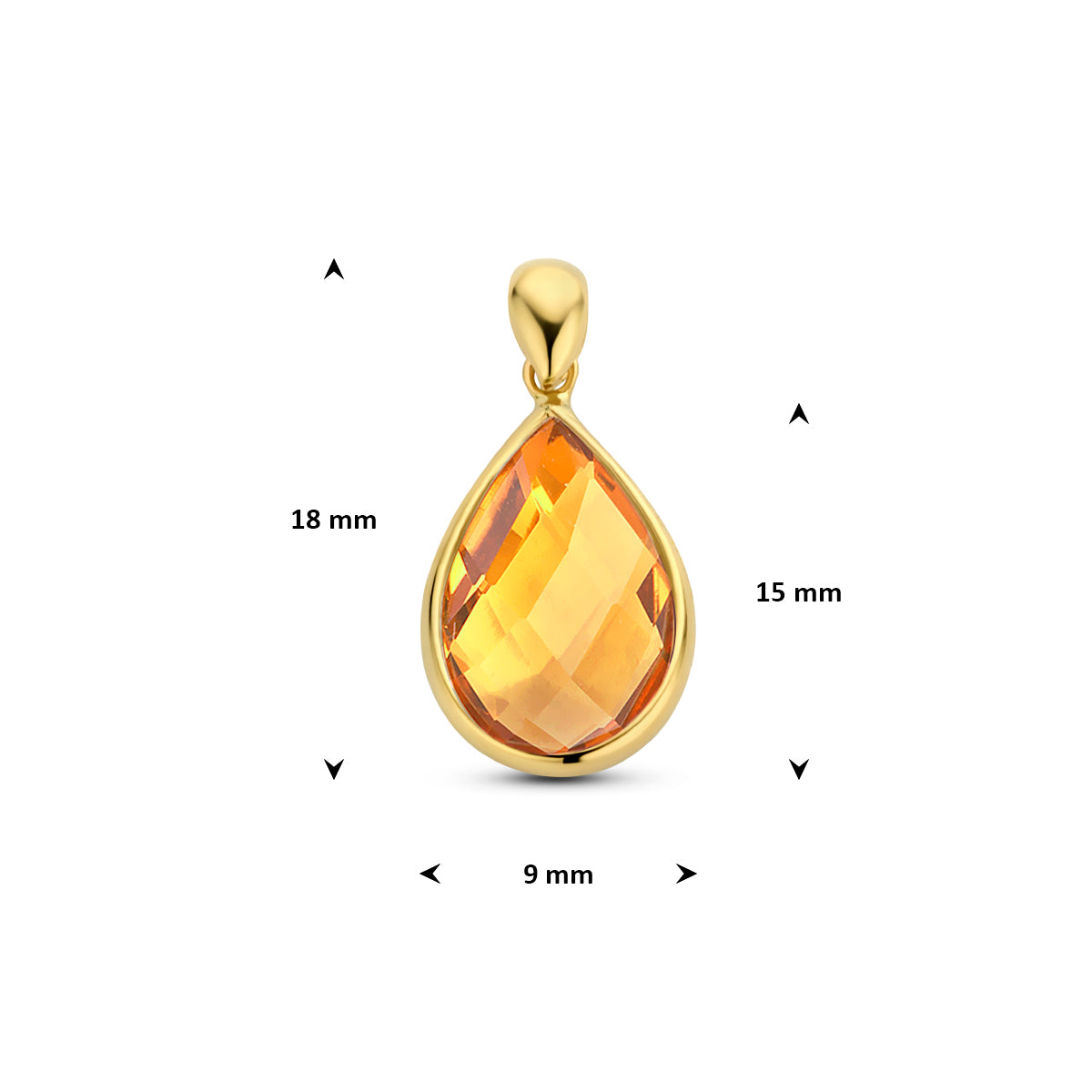 Afmetingen van de 14 karaat gouden hanger met citrien: 18 mm hoog inclusief oog