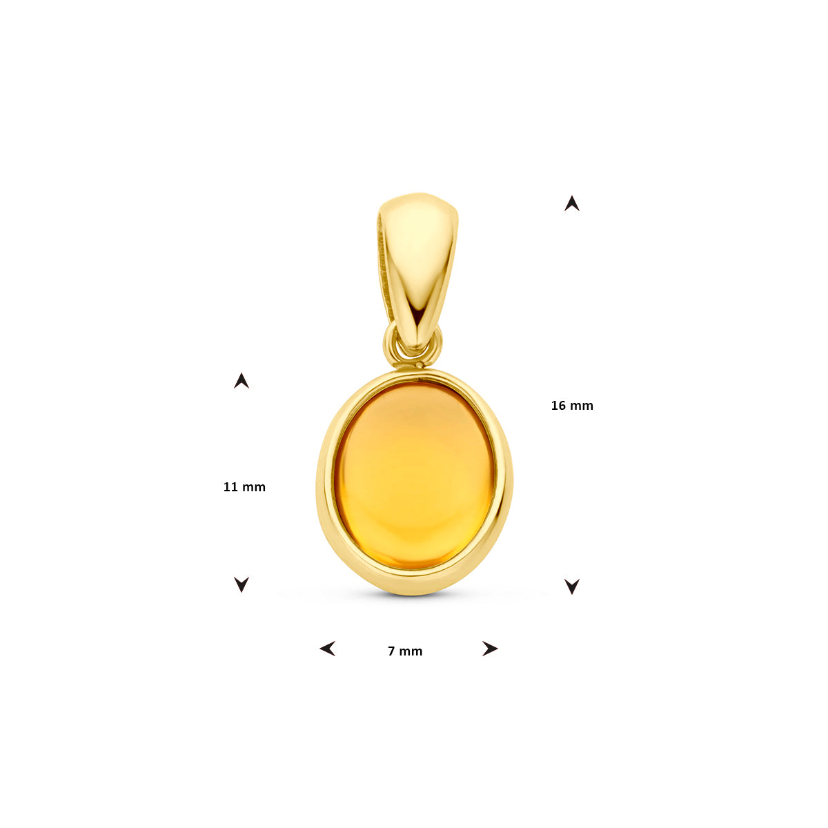 Afmetingen van de 14 karaat gouden hanger met citrien: 16 mm hoog inclusief oog