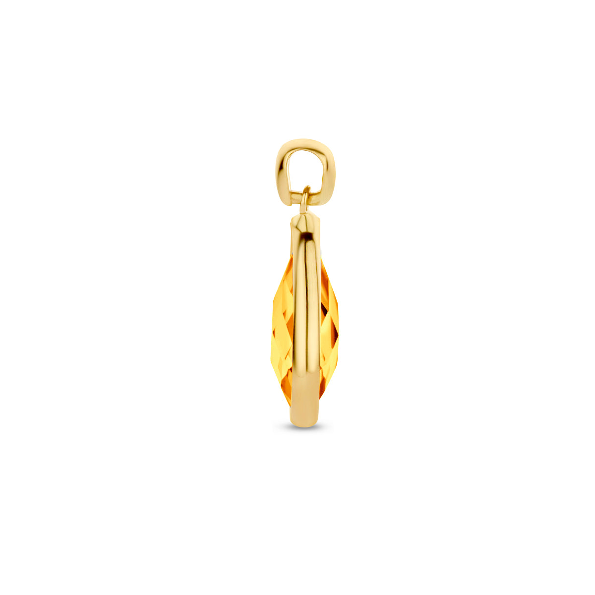 Zijaanzicht van de 14 karaat gouden hanger met citrien