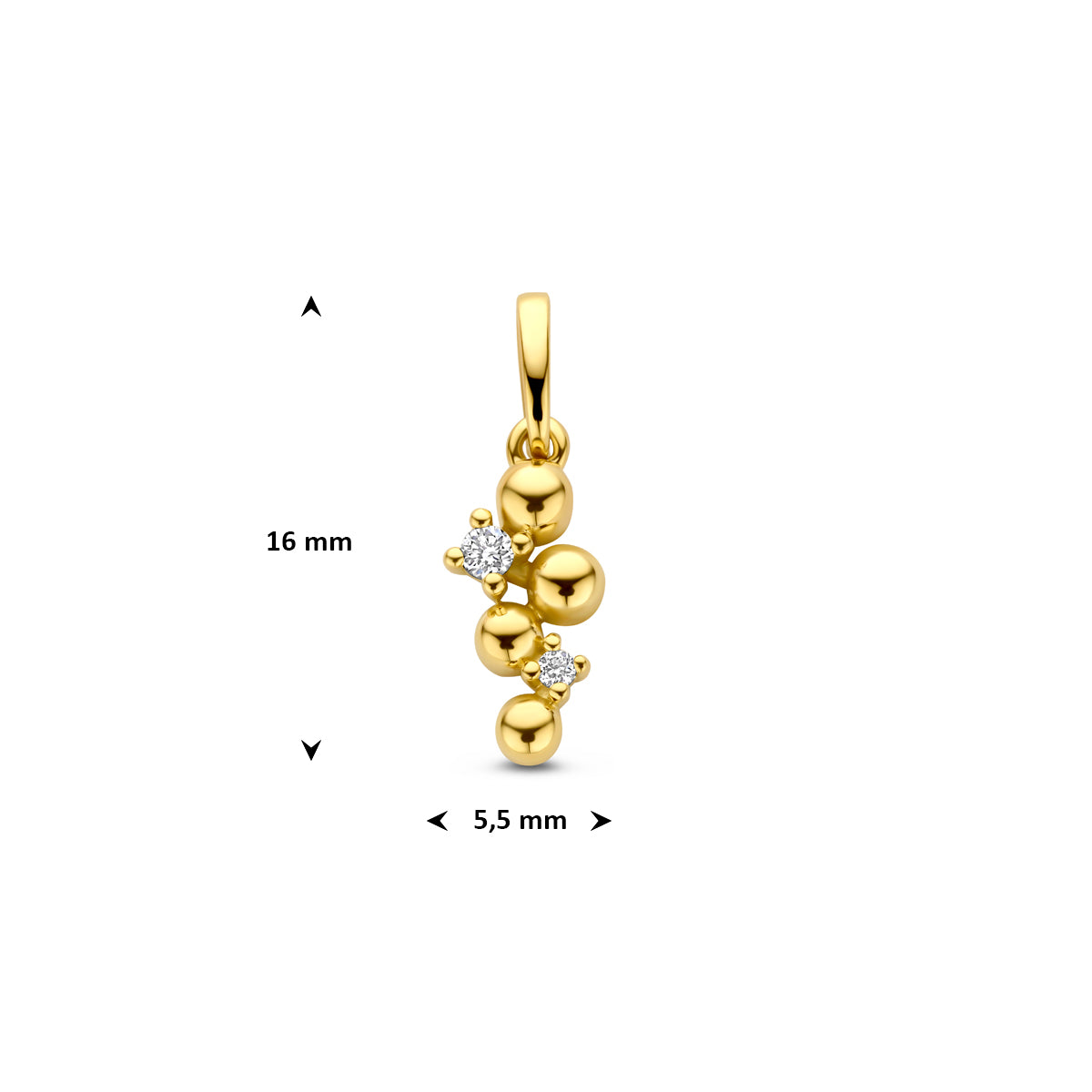 Afmetingen van de 14 karaat gouden hanger met diamant 0,03 ct: 16 mm hoog inclusief oog