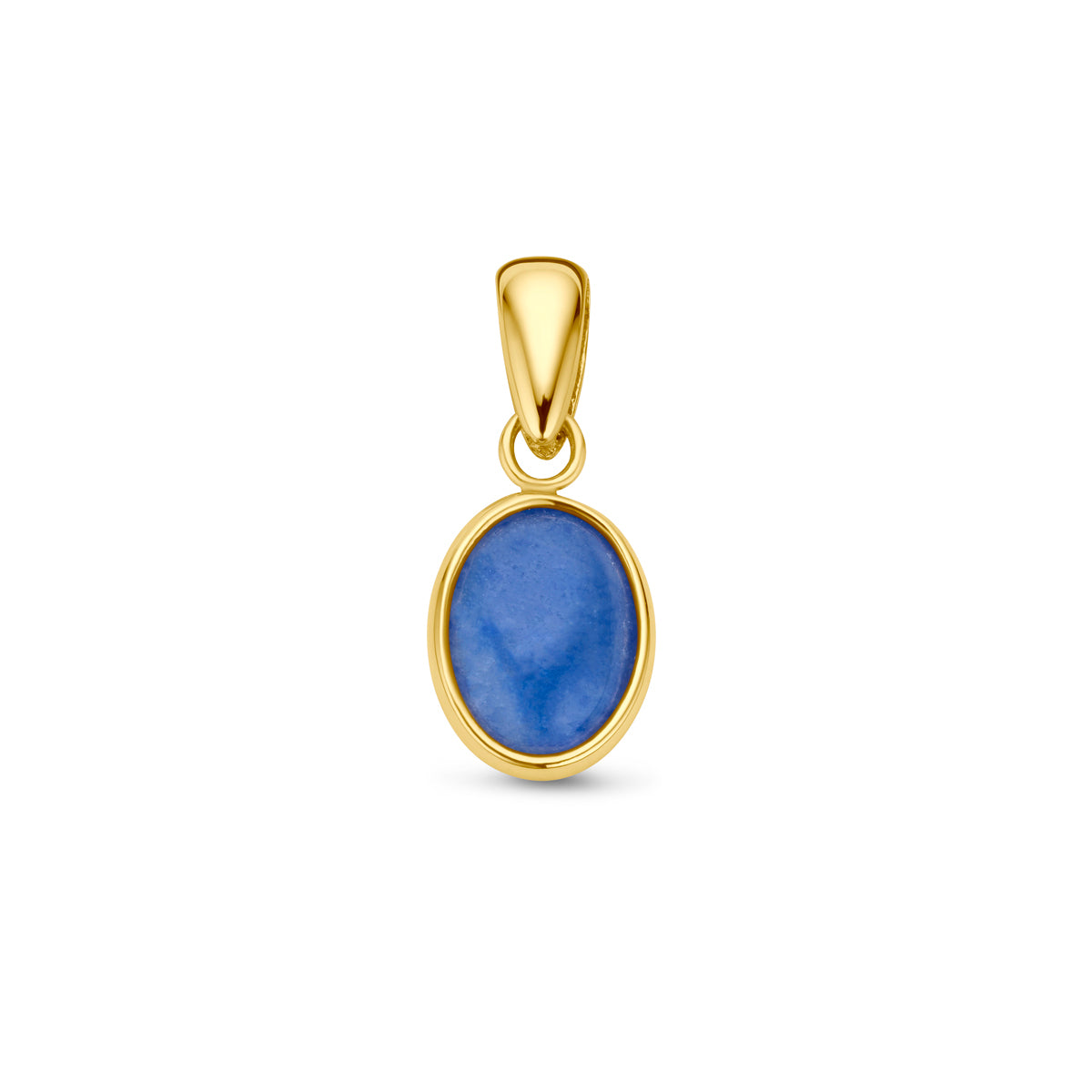 Vooraanzicht van de 14 karaat gouden hanger met blauwe kwarts (edelsteen hanger goud)