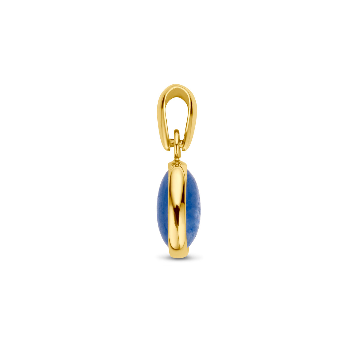 Zijaanzicht van de 14 karaat gouden hanger met blauwe kwarts (edelsteen hanger goud)