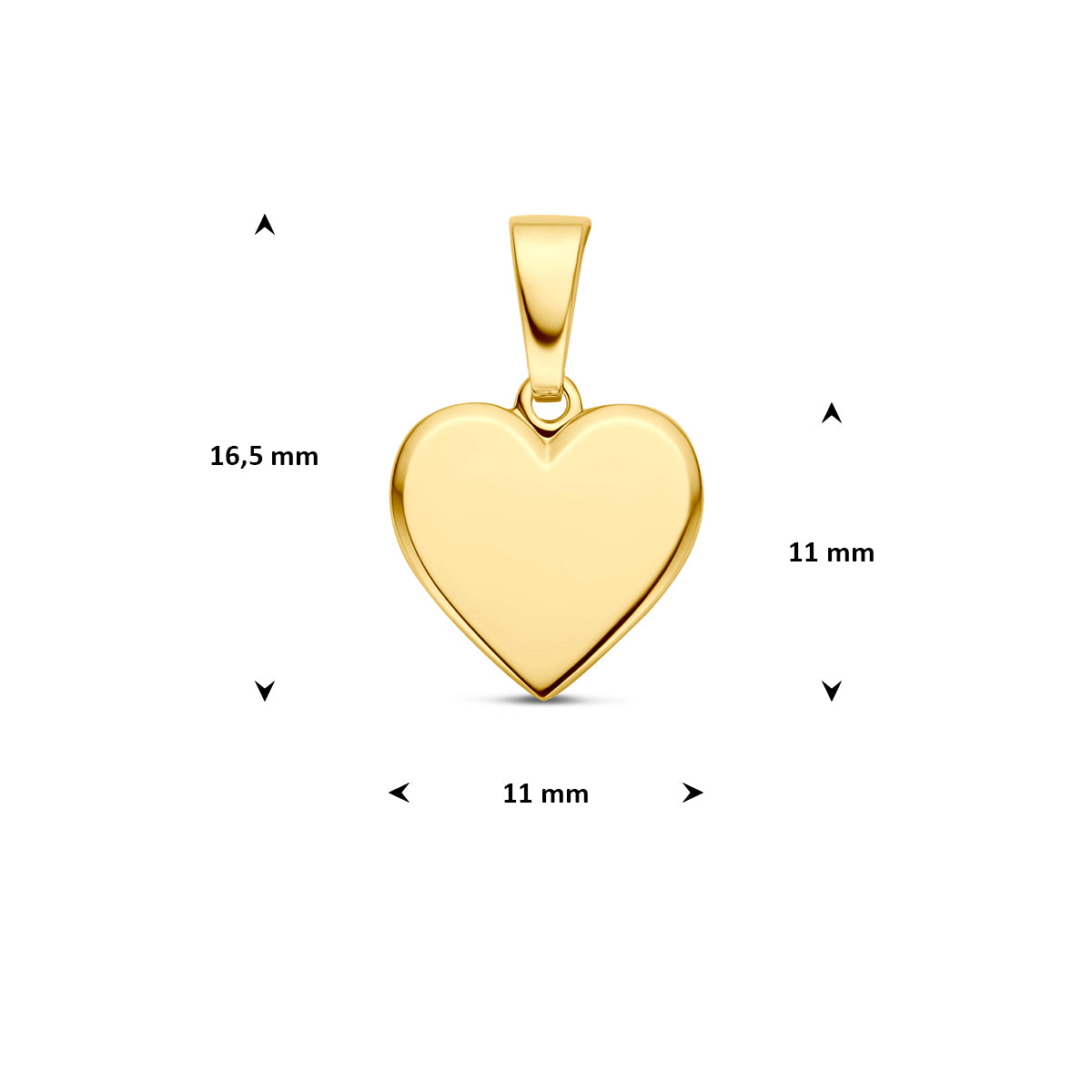 Afmetingen van de 14 karaat gouden graveerhanger hart, 11 mm: 16,5 mm hoog inclusief oog