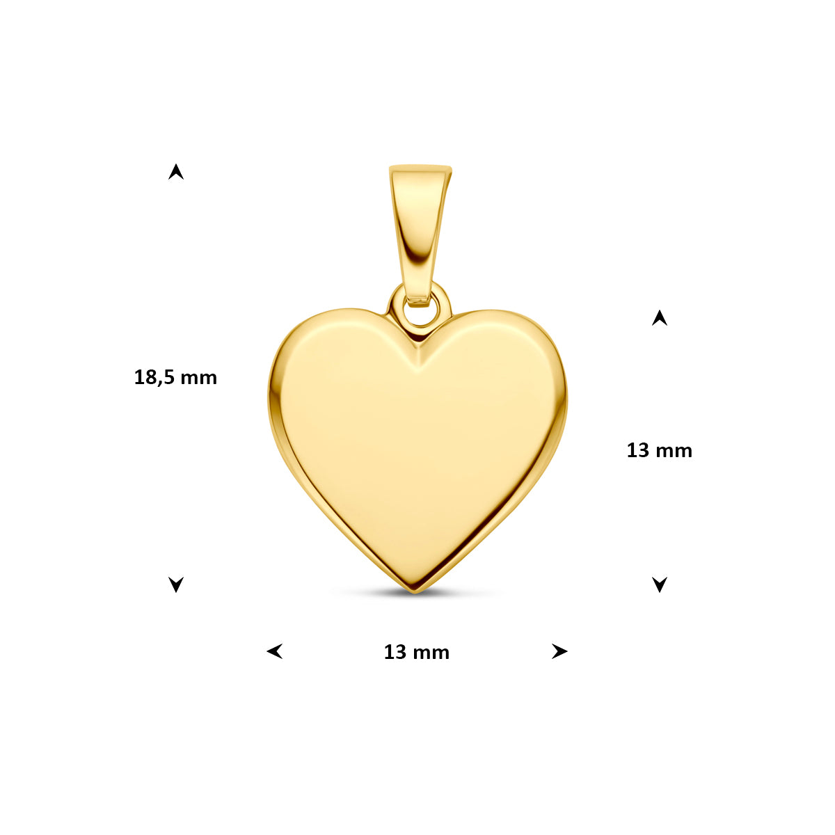 Afmetingen van de 14 karaat gouden graveerhanger hart, 13 mm: 18,5 mm hoog inclusief oog