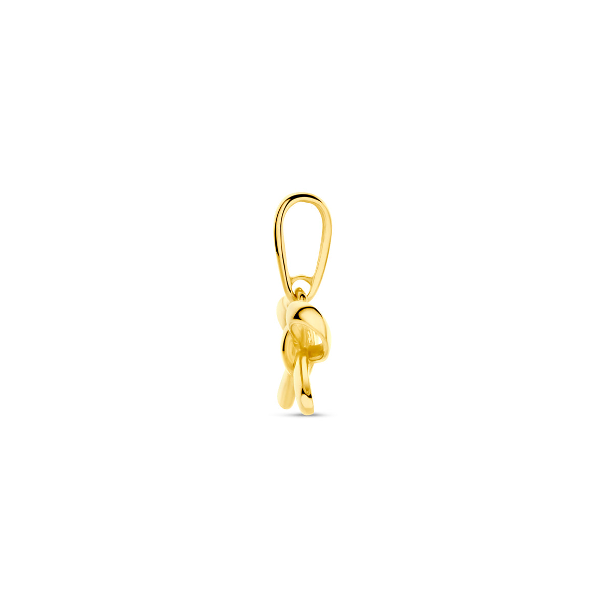 Zijaanzicht van de 14 karaat gouden strik hanger