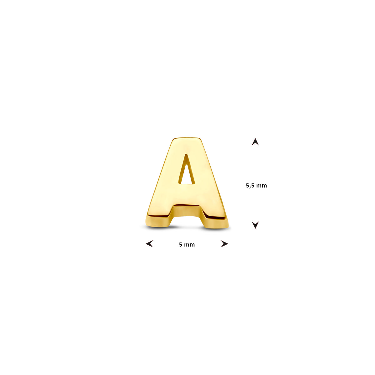 Afmetingen van de 14 karaat gouden letterhanger, letter A: 5,5 mm hoog