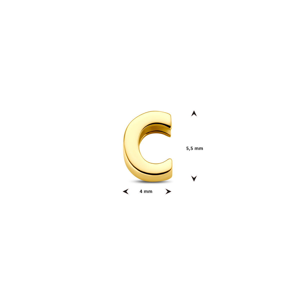 Afmetingen van de 14 karaat gouden letterhanger, letter C: 5,5 mm hoog