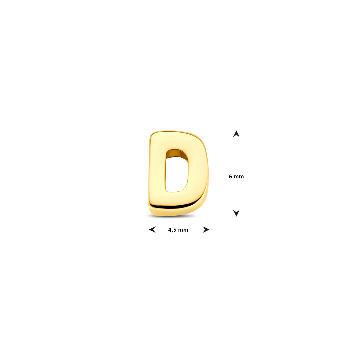 Afmetingen van de 14 karaat gouden letterhanger, letter D: 6 mm hoog